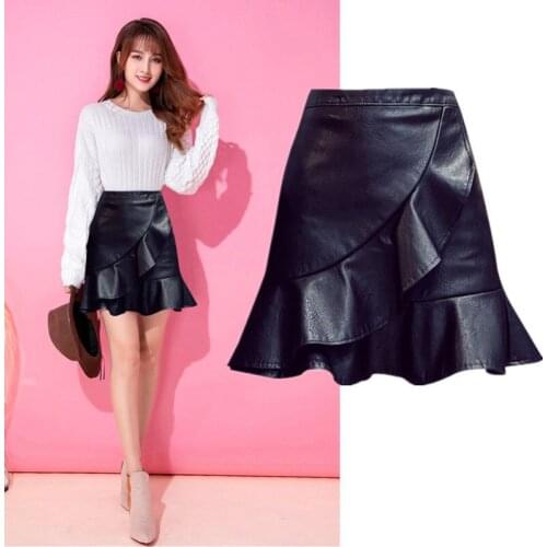 Leather womens short skirt fishtaillotus leaf edge autumn winter a-word PU step skirt show thin high-waisted bag hip skirt