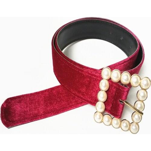 Fashion Trendy Red Velvet Pearl Button Women Belt Pearl Buckle Flannel Apricot Girdle for Girls Luxury Dress