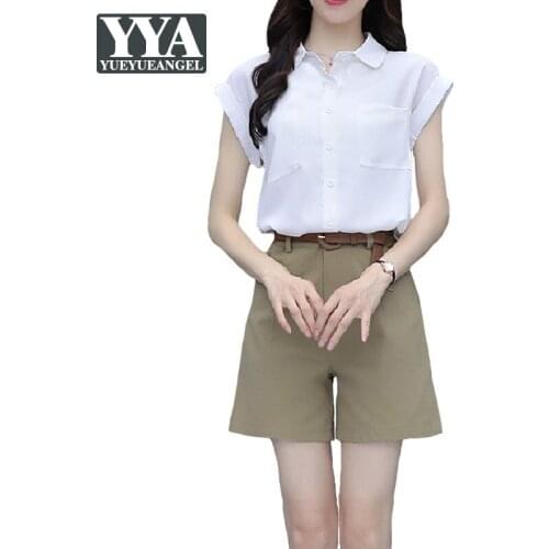 Summer Women Short Sleeve Shirts Tops Wide Leg Shorts Two Piece Set Ladies Office Work Slim Fit Matching Sets Casual Outfits