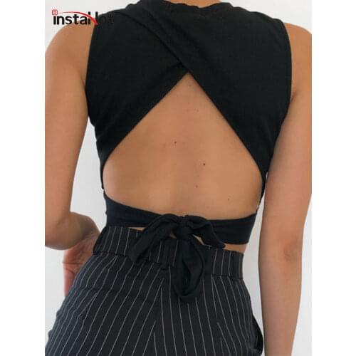 InstaHot sexy backless women tank top bandage slim crop top summer 2020 casual streetwear tops solid cotton soft criss cross top