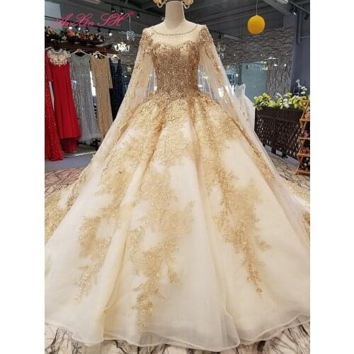 AnXin SH Luxury princess golden lace o neck beading crystal illusion long sleeves with veil sparkly wedding dress 100%real photo