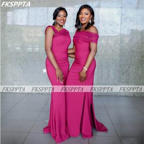 2021 New Mermaid Fuchsia African Bridesmaid Dresses Wholesale Off The Shoulder Silk Satin Plus Size Maids Of Honor Party Gowns