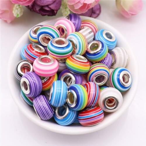 10Pcs Wholesale Big Hole Round Loose European Beads Color Striped Rainbow Spacer Charms Fit Pandora Bracelet for Jewelry Making