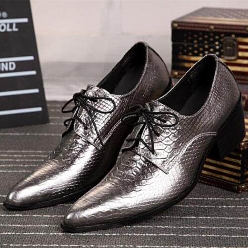 Christia Bella Gray Big Size Pointed Toe Man Serpentine Genuine Leather Oxfords Shoes Business Formal Men Heighten Brogue Shoes