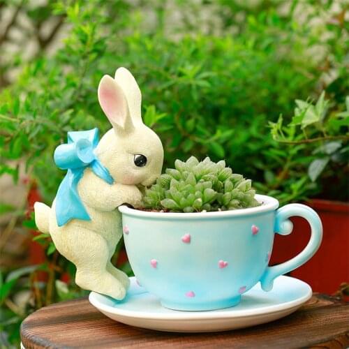 Cartoons Rabbit Flower Pot Resin Animals Flowerpot Cute Vase Cactus Succulent Plants Potted Flower Arrangement Garden Decoration