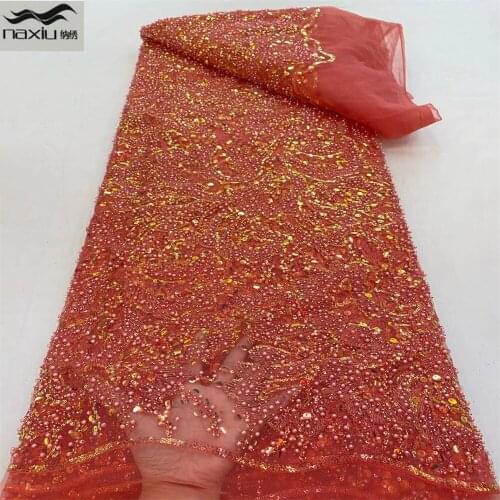 Madison 2021 High Quality African Handmade Beaded Lace Fabric Yellow French Sequins Tulle Lace Fabric For Nigeria Dress