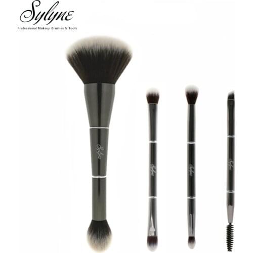 Sylyne 4pcs makeup brush set 2 in 1 double-ended Metal face & eye blending kabuki powder eyeshadow eyebrow makeup brushes