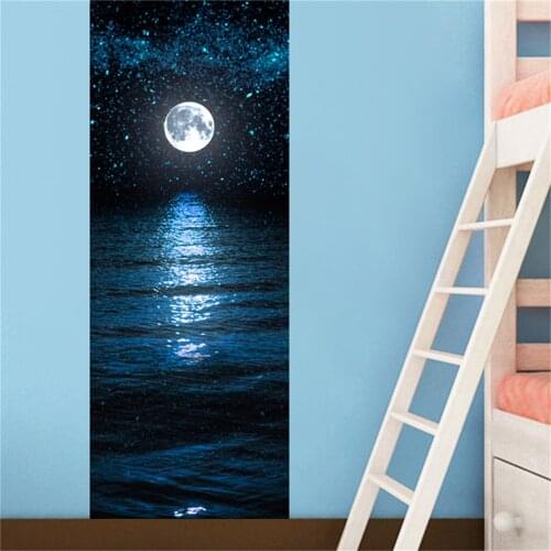 Night Sea Moon Starlight Door Stickers Home Decoration Landscape Bedroom Living Room Decoration Self-Adhesive Two-Pieces Set