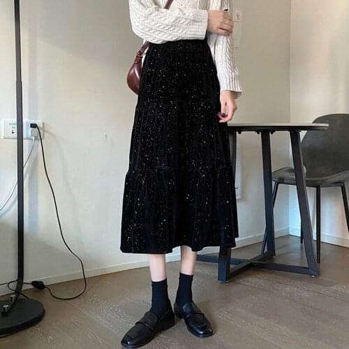 New high-waist A-line skirt thick shiny velvet skirt autumn and winter womens mid-length temperament black large swing skirt