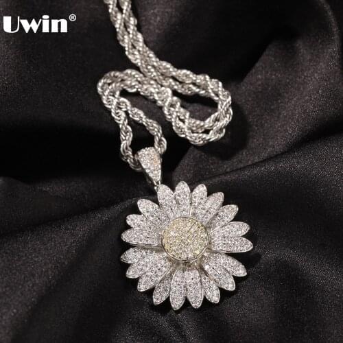 Uwin Spinning Sun Flower Pendant Necklace Iced Out AAA Cubic Zirconia Pendants with Rope Chains Fashion Jewelry for Dropshipping
