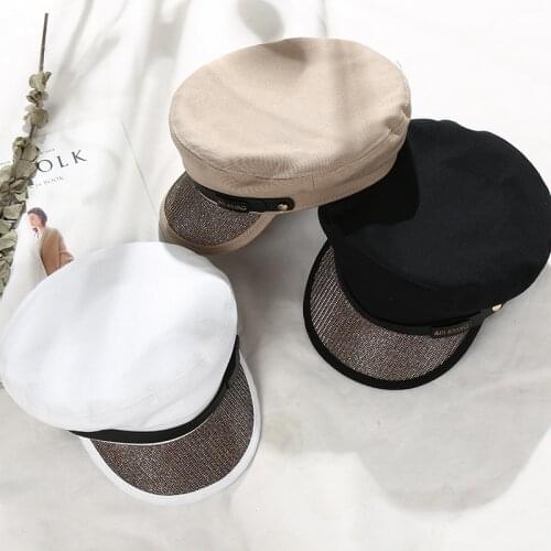 Fashion Unisex Bling Military Hat Cotton Autumn Sailor Hats for Women Men Black Flat Top Female Travel Cadet Hat Captain Cap