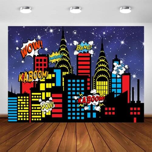 Superhero Cityscape Birthday Photography Backdrop Super Hero Kids Birthday Party City Night Buildings Photo Booth Background
