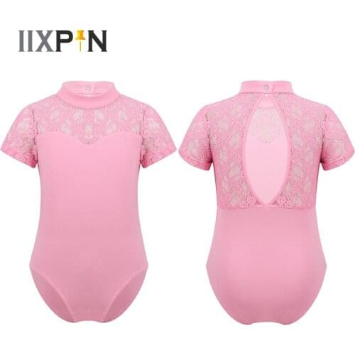IIXPIN Girls Ballet Leotard Dance Wear Lace Splice Short Sleeves Mock Neck Cutout Back Gymnastics Leotard Practice Dance Costume