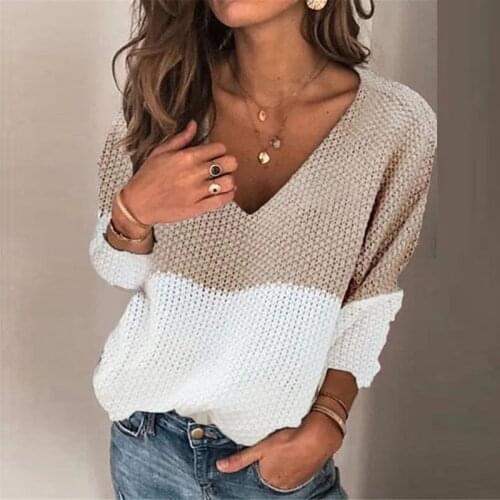 Fashion Plaid Color-blocking Printed Women Blouse Autumn New Sexy V-neck Loose Long Sleeve Tops Elegant Sweet Knitted Pullovers