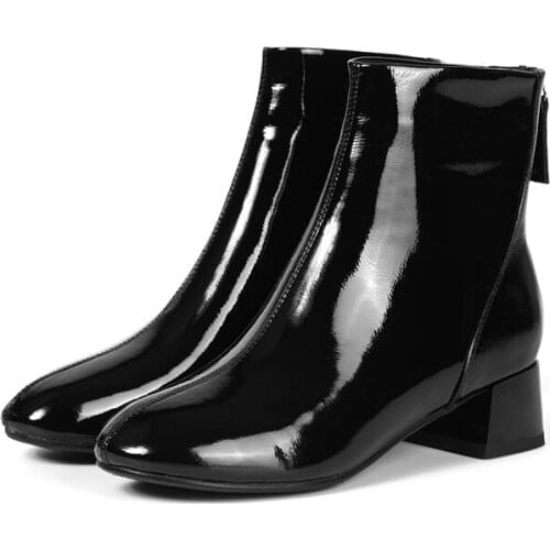 Womans Ankle Boots Round Toe Back Zipper Square Heels Patent Leather Short Boots High Quality Handmade Warm Elegant Lady Shoes