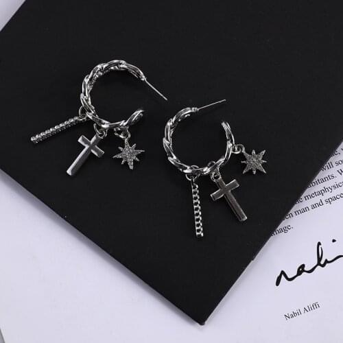 Trendy Cross Earrings Women Punk Earrings Gothic Silver Color Personality Cross Hoop Earrings Christ Earrings Jewelry 2021 New
