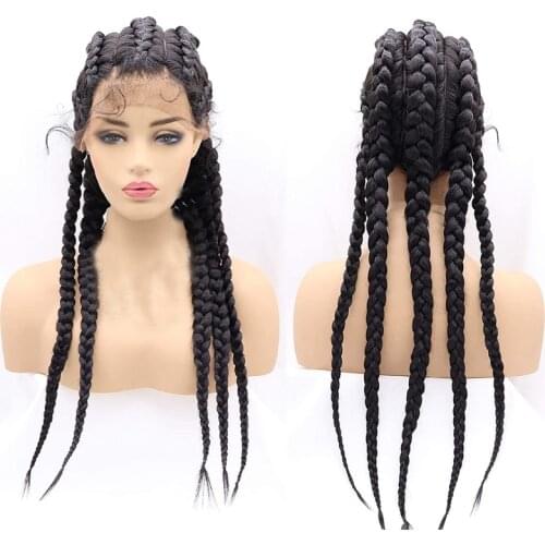 Handmade Box Braided Synthetic Lace Front Wig with Baby Hair 1B# Black Long Big Braiding 5 Braids Wig for Women Lace Wigs