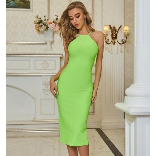 Women Summer Style Sexy Sleeveless O Neck Green Midi Bodycon Bandage Dress 2020 Designer Elegant Evening Party Dress Vestido