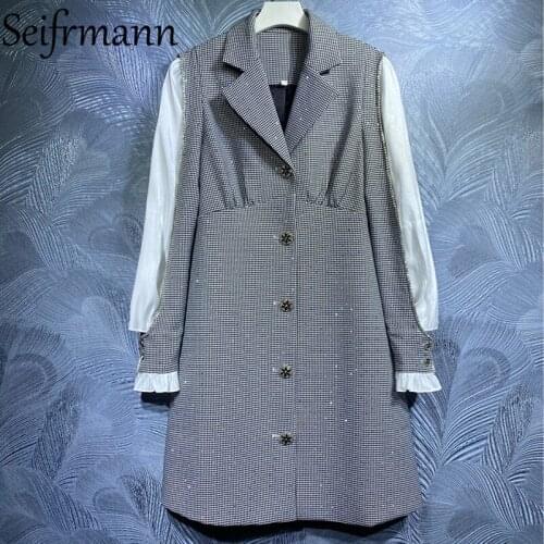 Seifrmann New 2021 Autumn Women Fashion Runway Party Midi Dress Lantern Sleeve Ruffles Single Breasted High Waist Print Dresses