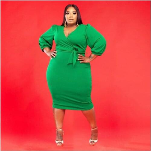 ZJFZML ZZ Women Clothing Dresses Plus Size Deep V Neck Three Quarter Sleeve Knee Length Sheath Dress Dropshipping Wholesale