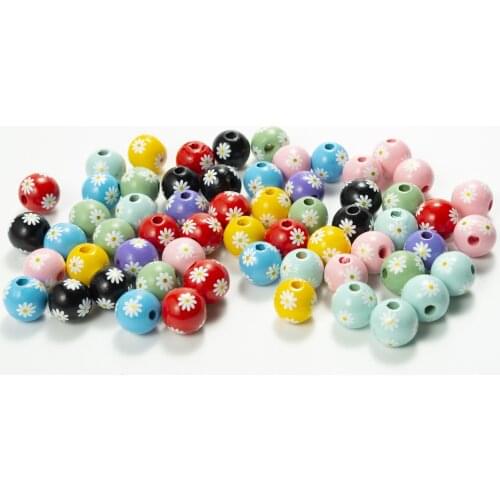 20Pcs16mm Colored Small Daisy Wooden Beads Dyed Pattern Loose Spacer Wooden Beads For Jewelry Making DIY Bracelet Accessories