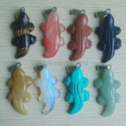 2017 Fashion Carving Mixed natural stone pendulum animal crocodile shape Pendants Charms jewelry 8pcs Wholesale free shipping