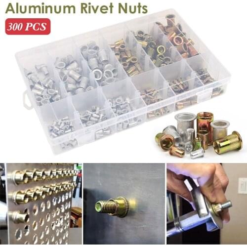 300Pcs Rivet Nut Set Zinc Plated Steel M3 M4 M5 M6 M8 Flat Head Rivet Nutsert SAE Rivet Nut Kit Hardware Tool Accessories