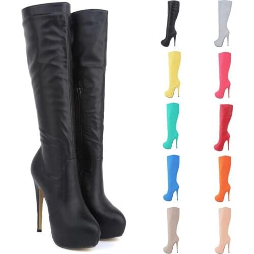 Big Size 35-42 Leather Fashion Ladies Long Boots Round Toe Black Sexy Over Knee Thigh High Boots Women Platform High Heels Shoes