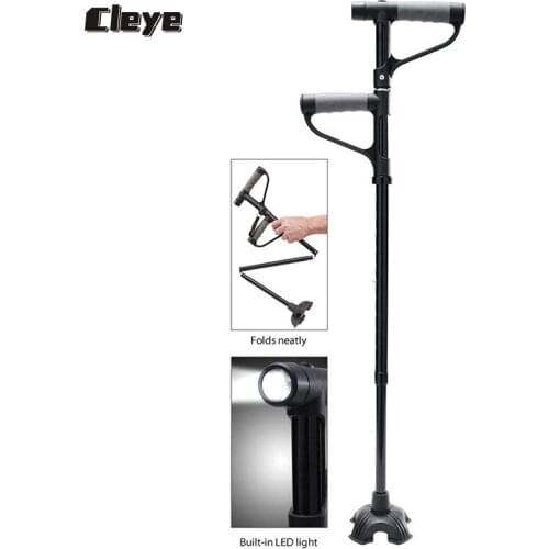 Cleye Old Man Walking Stick Elder Telescopic Crutches Folding Double Handle Four Feet With Light Strong Cane