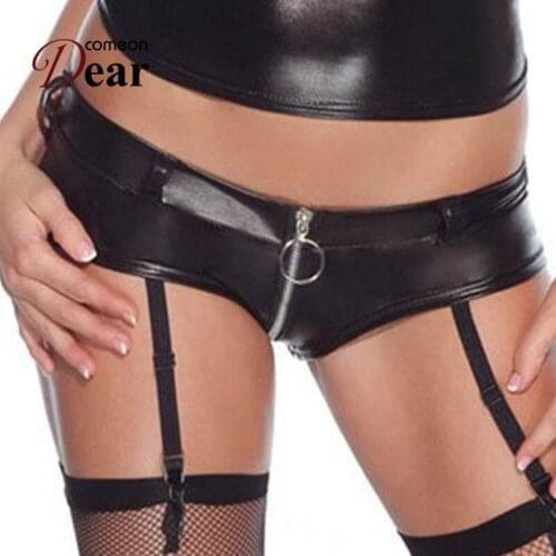 Comeondear Plus Size Leather Zipper Black Garter Panty Mid-Rise Nightclub Style Can open the crotch Women Sexy Underwear PB5137