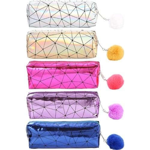 Holographic Iridescent Laser Pencil Case for Girls Cute Pencil Box Hairball Pencil Bag School Supplies Stationery