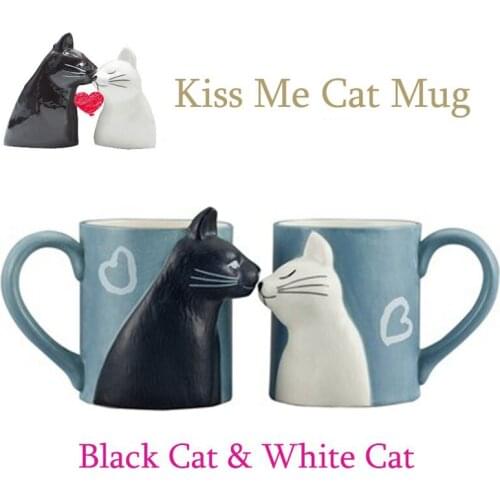 2Pcs Ceramics Kiss Cat Cup Couple Mugs Lover Gift Morning Milk Coffee Tea Breakfast Porcelain Cup Valentines Day for Girlfriend