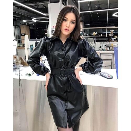 Leather Shirts Dress Casual Ladies Lapel Buttons Black PU Dresses With Belt New Winter Autumn Long Sleeve Women Slim Fit Dress