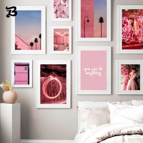 Pink Landscape Photo Posters Sunset Flower Woman Tone Natural Buildings Nordic Posters and Prints Wall Pictures for Living Room