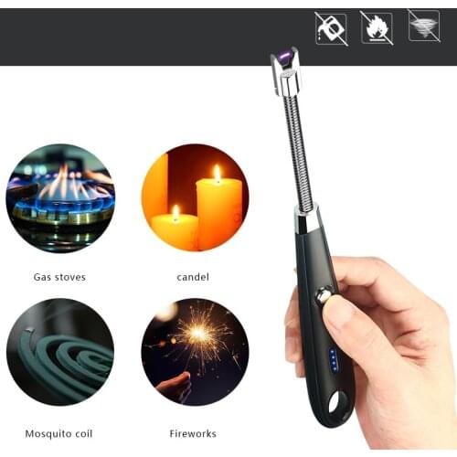 Unusual Kitchen Cooking Windproof Arc Lighter Cigarette Cigar Bendable Light Candle Plasma Lighter with LED Power Display Gadget