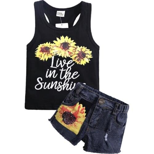 2020 New children girls clothing set summer Cotton printing vest+ Denim shorts outfit Baby Girls clothes set kids sport suit set