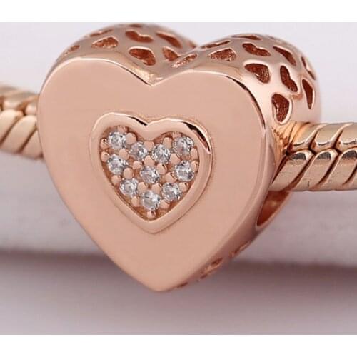 Original Rose Gold Openwork Radiant Love Hearts With Crystal Beads Fit 925 Sterling Silver Charm Bracelet DIY Jewelry