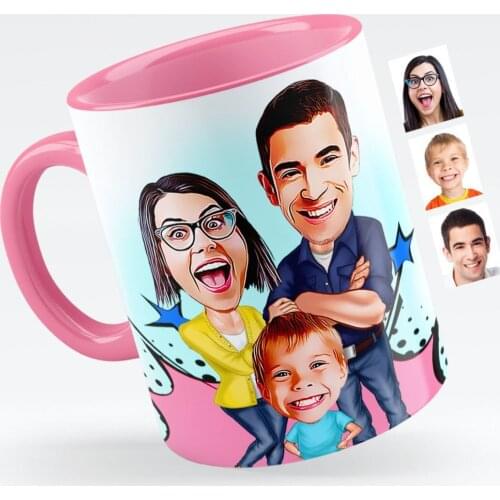 Personalized Family Caricature Of Pink Mug cup-1