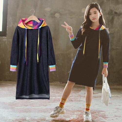Girls Dresses 2021 Fall Girl Long Sleeve Denim Rainbow Hooded Dress Back To School Dress for Girls 8 To 12 Year spring Clothing