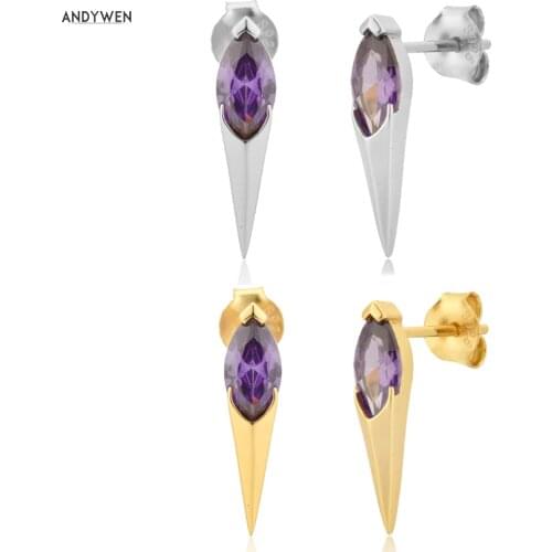 ANDYWEN 925 Sterling Silver Purple Zircon Spike Drop Earring Piercing Pendiente Luxury CZ Ohrringe Crystal luxury Fashion