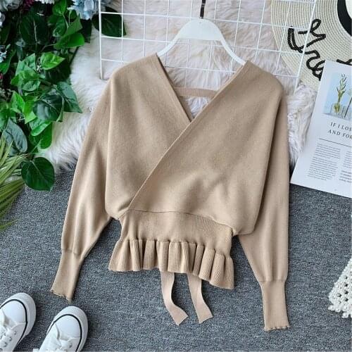 2020 Elegant V Neck Ruffle Sweater Women Fashion Batwing Sleeve Pullover Jumper Knitted Autumn Sweater Ladies Office Sweater 283