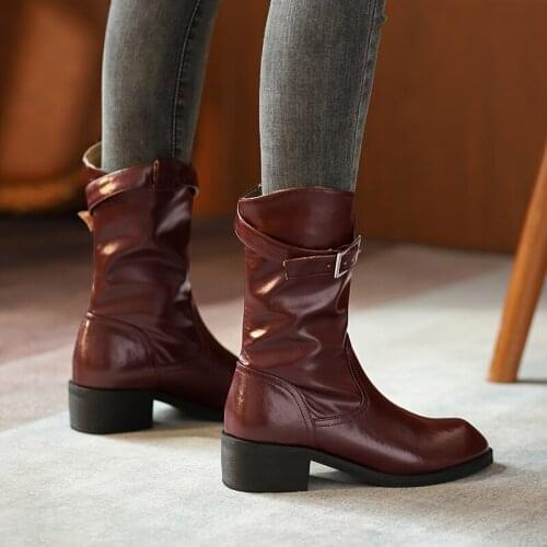 2021 Women Shoes Round Toe Thick Heel Women Boots Winter Mid-calf Leather Casual Solid Short Boots for Women