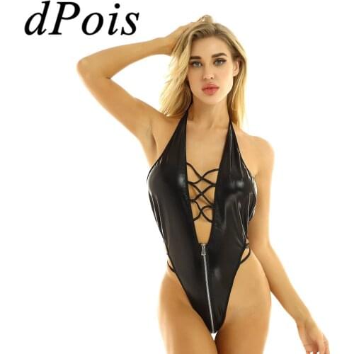 Women Latex Thong Leotard Bodysuit Wet Look Faux Leather Lingerie Halter Neck Backless Lace-up Skin-Tight Nightwear Clubwear