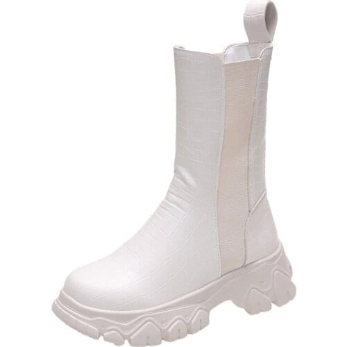 Women Round Toe Fashion Booties 2021New Winter Ankle Boots for Womens Ladies Platform Middle Heeled Chelsea Boots Femmes Bottes