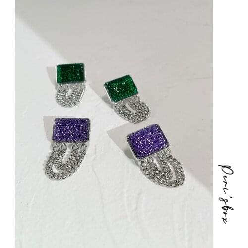 PerisBox Green Purple Color Zinc Alloy Tassel Geometric Square Acrylic Stud Earrings For Women Exaggerated Vintage Earring Stud