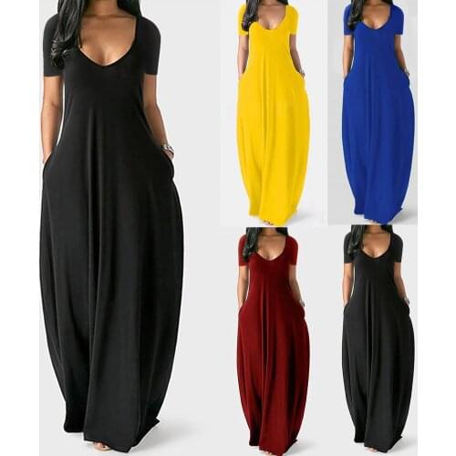 Plus Size Women Dress Deep V-neck Summer Short Sleeve Female Sundress Thin Solid Color A-Line Women Maxi Dress Streetwear