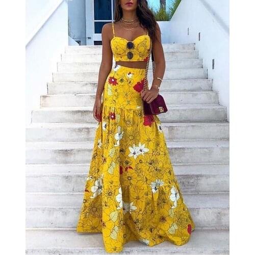 Women Sexy Two Piece set Party Dress Floral Print Two-Piece Maxi Dress Crop Top & Maxi Skirt Set