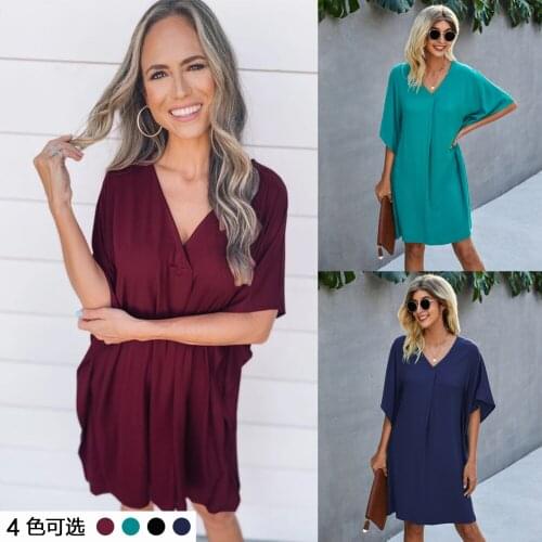 Women Summer Dress 2021 New v-neck Casual Pure Color Leisure Loose Women Dresses Vestido De Mujer ONYLQ212S5119