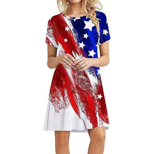 Womens Dress American Flag Printed Mini Dresses 2021 Party Short Sleeve Vintage Beach Women Casual Vestidos