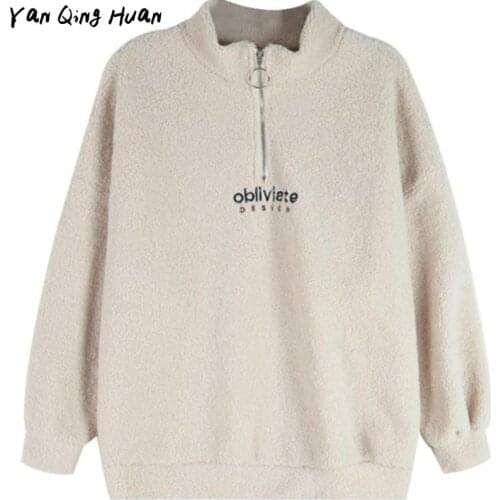 Winter Womens Fashion Embroidered Letter Harajuku Sweatshirt Korean Loose Warm Cashmere Zipper Pullover Hoodies Coat Tops